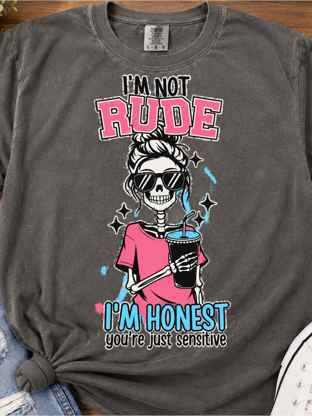 Comfort Colors Charcoal Tee with Pink & Blue Graphic "I'm Not RUDE"